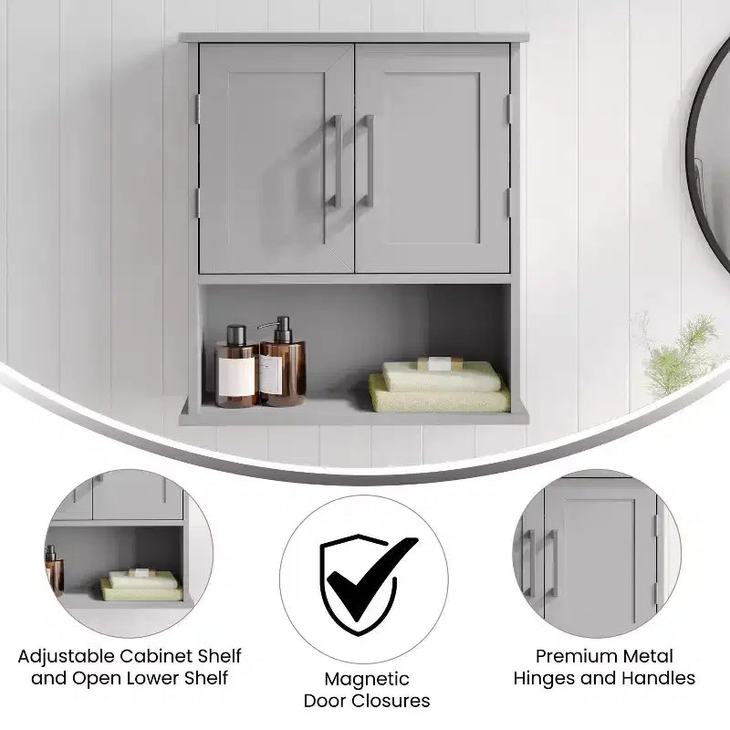 Armoire à pharmacie murale pour salle de bain avec étagère intérieure réglable, étagère inférieure ouverte et portes à fermeture magnétique