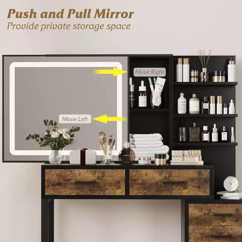 Coiffeuse avec miroir coulissant et lumières, Grande table de maquillage avec station de recharge