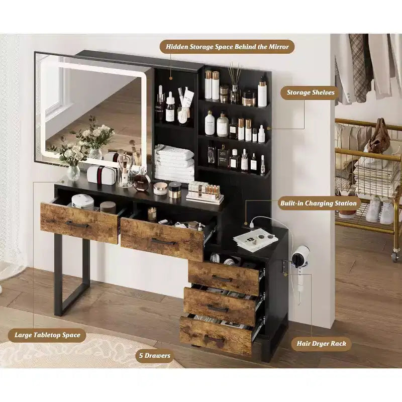 Coiffeuse avec miroir coulissant et lumières, Grande table de maquillage avec station de recharge