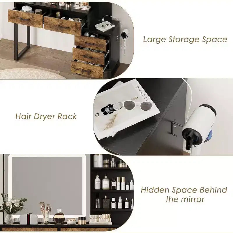 Coiffeuse avec miroir coulissant et lumières, Grande table de maquillage avec station de recharge