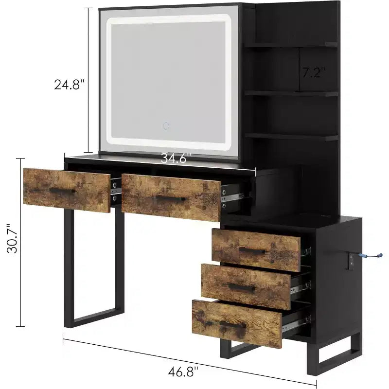 Coiffeuse avec miroir coulissant et lumières, Grande table de maquillage avec station de recharge