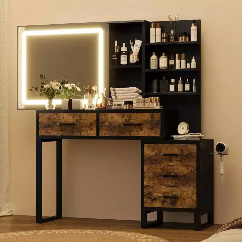 Coiffeuse avec miroir coulissant et lumières, Grande table de maquillage avec station de recharge