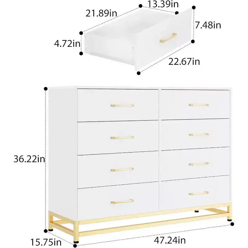Commode double à 8 tiroirs avec tiroirs larges et poignées dorées