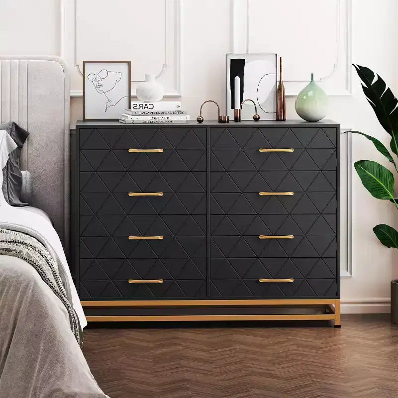 Commode double à 8 tiroirs avec tiroirs larges et poignées dorées