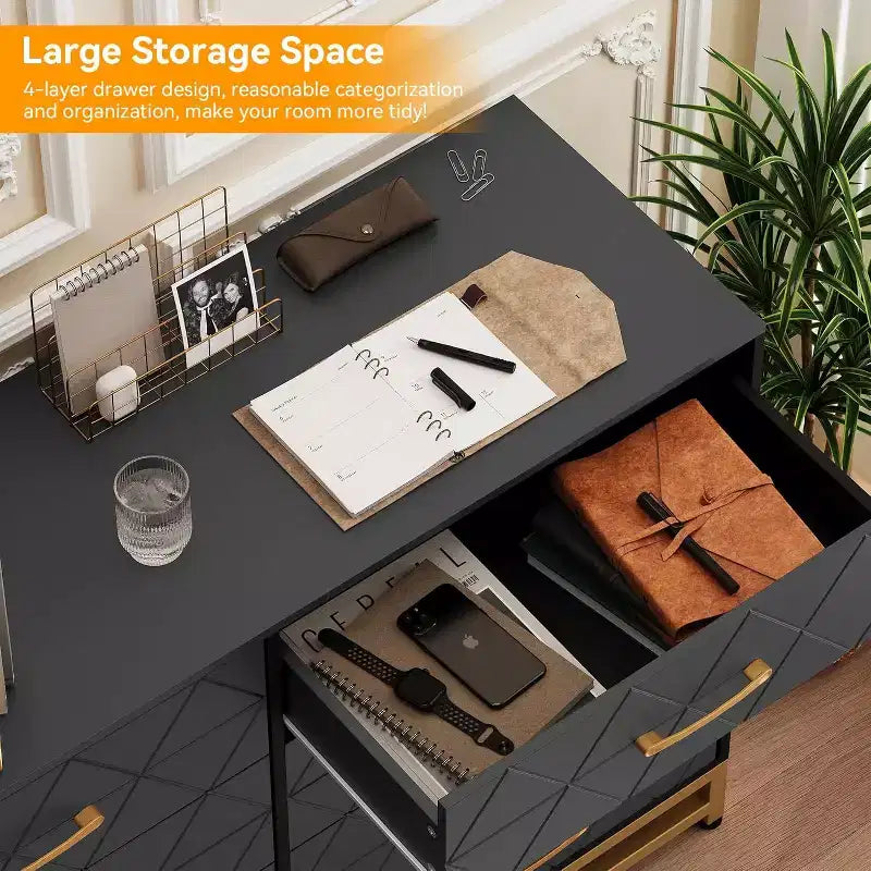 Commode double à 8 tiroirs avec tiroirs larges et poignées dorées