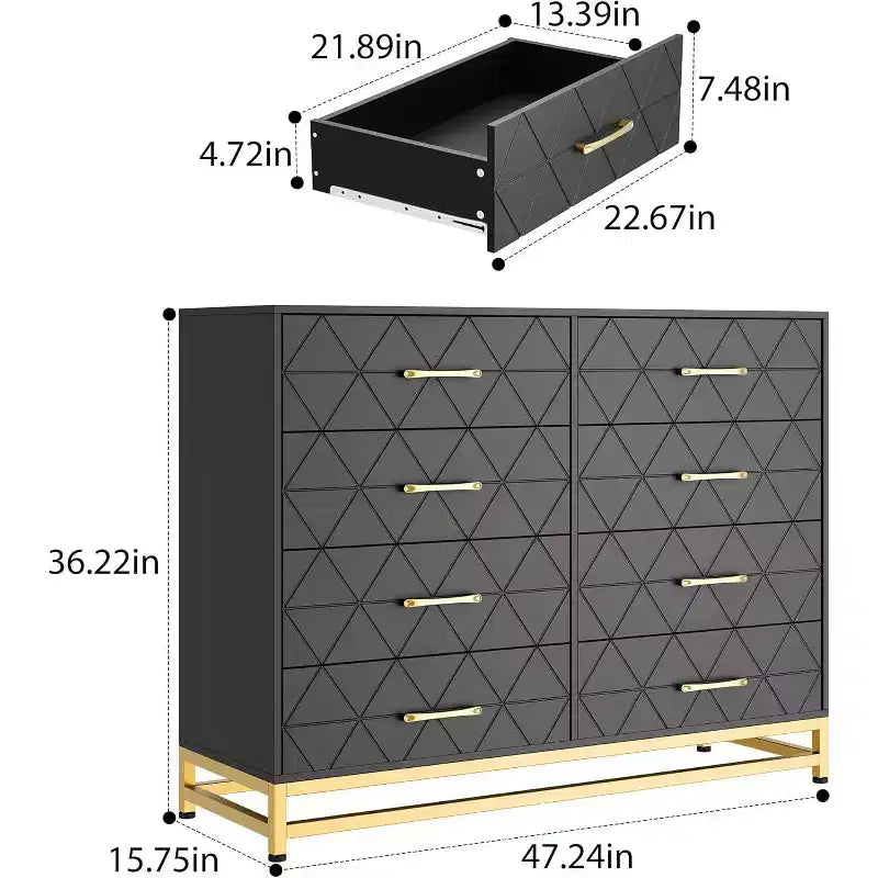 Commode double à 8 tiroirs avec tiroirs larges et poignées dorées