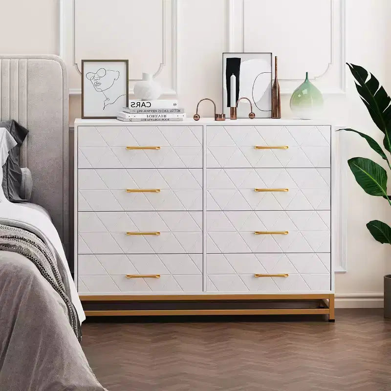 Commode double à 8 tiroirs avec tiroirs larges et poignées dorées