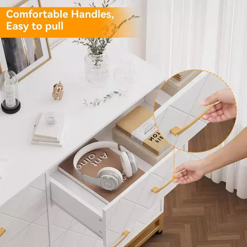 Commode double à 8 tiroirs avec tiroirs larges et poignées dorées