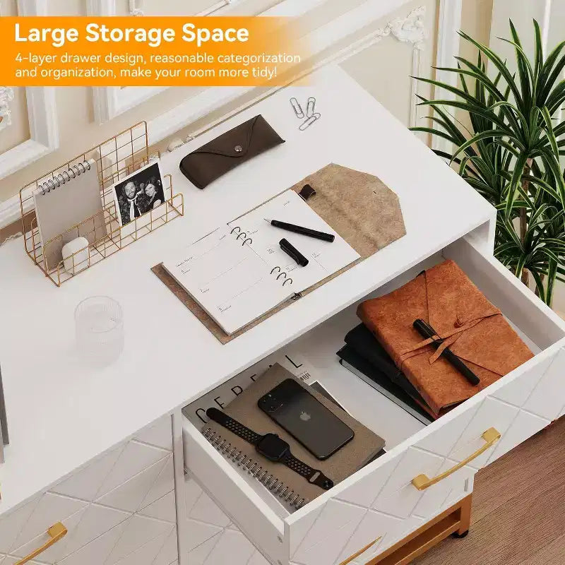 Commode double à 8 tiroirs avec tiroirs larges et poignées dorées