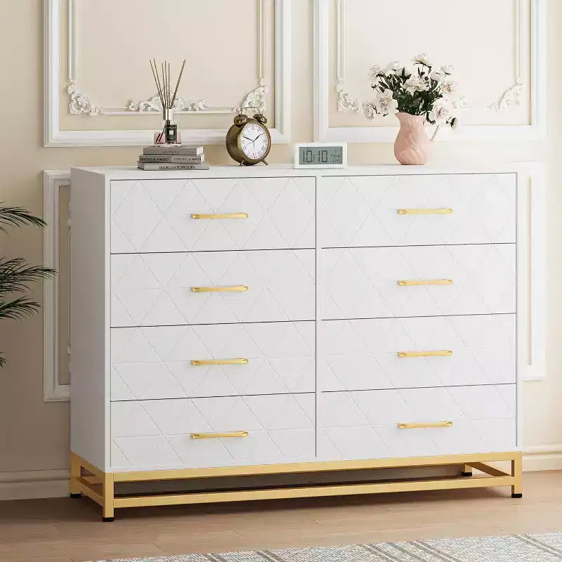 Commode double à 8 tiroirs avec tiroirs larges et poignées dorées